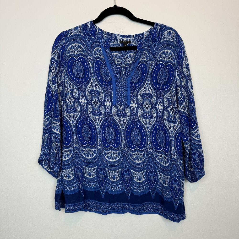 Talbots blouse 3/4 sleeve blue porcelain pattern MD summer beachy vacation